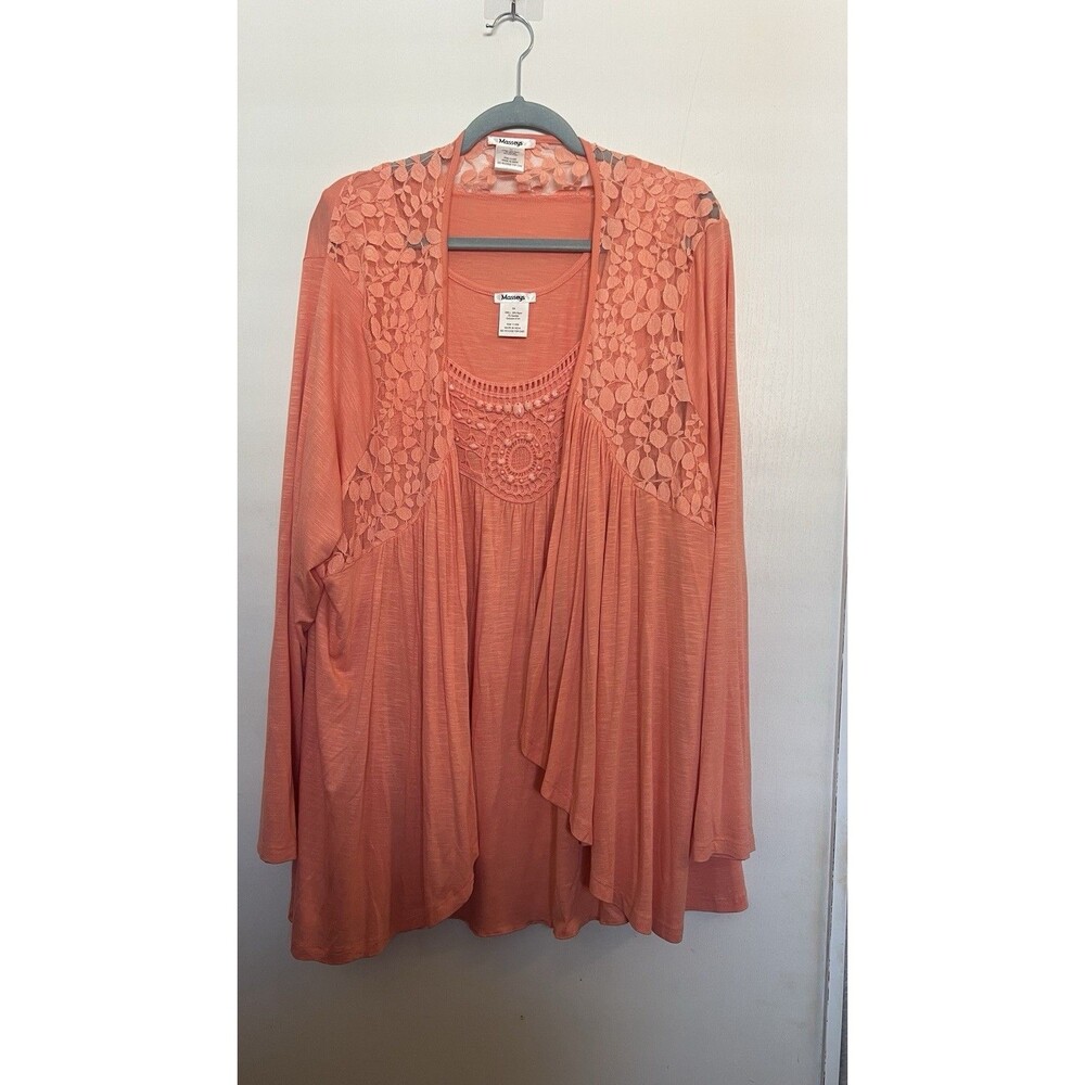 Masseys Coral Plus Size 3X Floral Crochet Beaded 2 Piece Top Cardigan Set